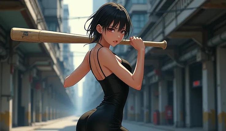 a cute beautiful woman , wearing a black dress , holding a baseball bat preparing for a fight ,  anime style 