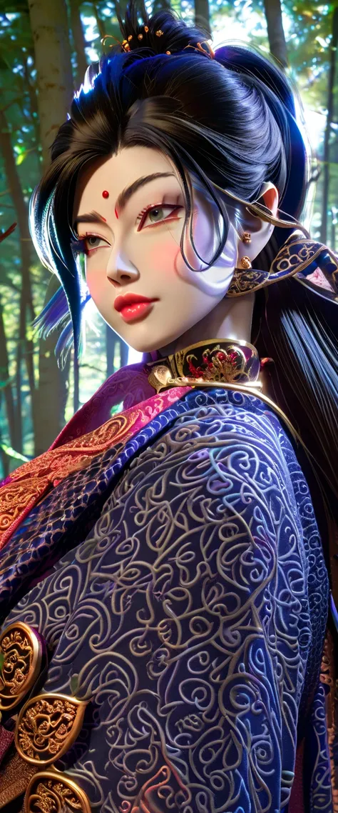 a beautiful detailed young woman in a sari, detailed eyes, detailed face, beautiful detailed lips, long eyelashes, elegant pose, ninja suit, samurai sword, forest background, moonlight, warm lighting, cinematic shot, highly detailed, 8k, photorealistic