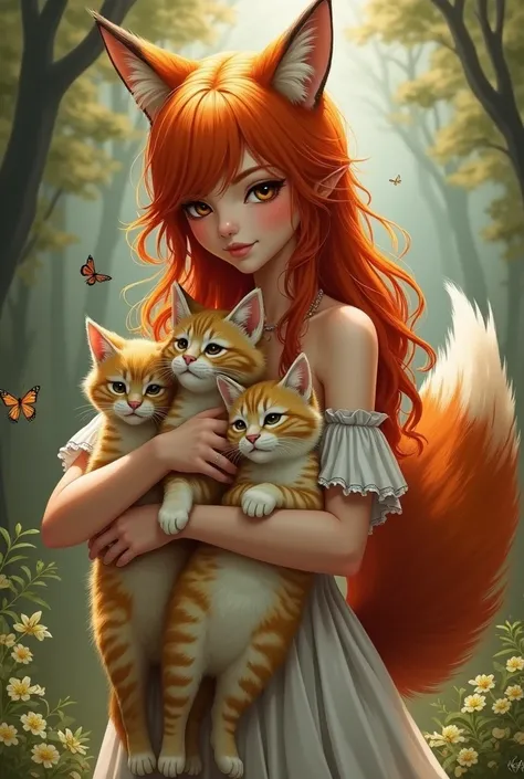 Red-haired fox girl with cats in her arms