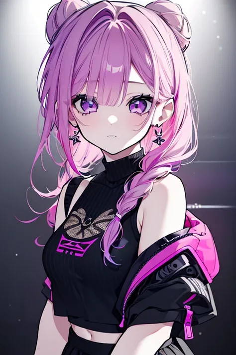 1girl, long pink and purple hair, twin buns hairstyle, braided hair, earrings, cool outfit, black camisole, midriff, (best quality,4k,8k,highres,masterpiece:1.2),ultra-detailed,(realistic,photorealistic,photo-realistic:1.37),intricate details, digital art,...