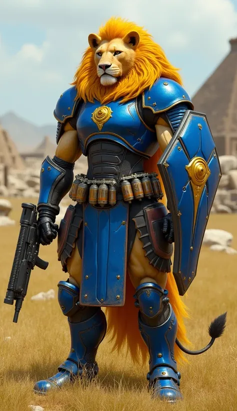 A humanoid lion with a golden mane, clad in high-tech armor with royal blue accents and a bulletproof shield. Armed with an advanced assault rifle and a utility belt loaded with tactical grenades.
Background: A grassy savannah with scattered ruins of ancie...