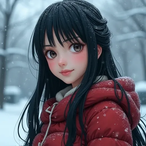 nico robin character in the one piece film, perfect facial details, beautiful, wearing warm clothes when it snows, smiling sweetly, realistic, uhd, 8k, 1girl, Long Hair, 