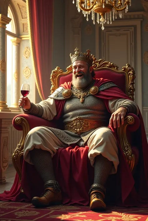 Create a picture of a crusader king inside a palace sitting on a chair laughing with wine in front of him 