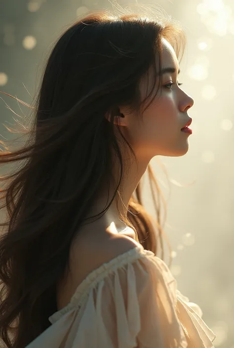 Side face of a beautiful woman with long straight hair that is fluffy and soft and flutters with the wind