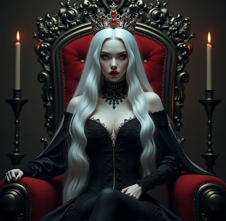 A vampire mademoiselle. A throne, a crown, a vampire mademoiselle, white long hair. Red eyes.