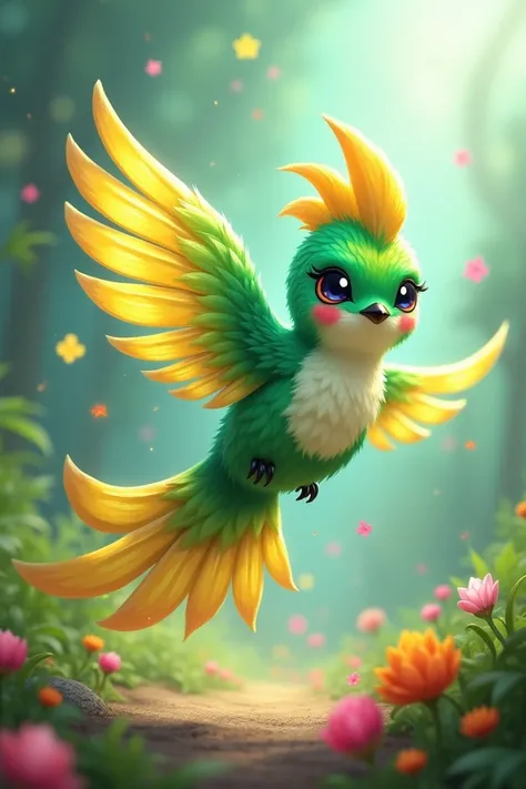 To me: **Flior **. 

**animal:**  Its a small hummingbird ,  full of energy and joy . 

**COLORS:** } Its plumage is a vibrant emerald green with yellow flashes and a touch of blue .  Its like a miniature rainbow !

**can:** Flior  tiene el poder de ** Spe...