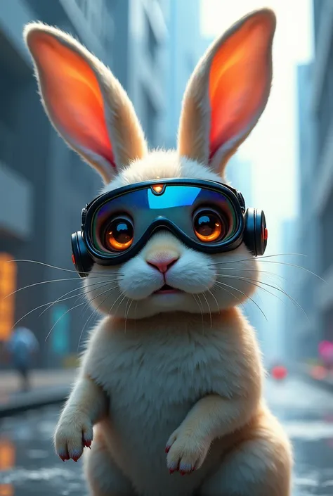 A rabbit with goggles and headphones 
