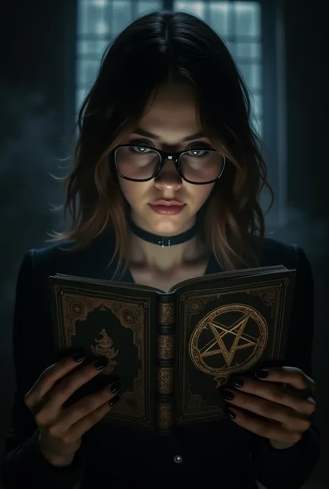 Shoulder-length short brown-haired woman with lenses that look dark and dark in a black room with a book in her hands that has a pentagram on the cover that she is seeing facing the front 