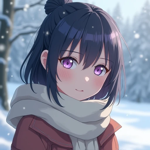 HINATA HYUGA character in the naruto film, perfect facial details, beautiful, wearing warm clothes when it snows, smiling sweetly, realistic, uhd, 8k, 1girl,