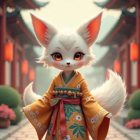 Appearance: A human-like body with animal ears and a tail. For example, fluffy white fox ears and a long tail, with amber-colored eyes. The outfit incorporates traditional Japanese motifs.