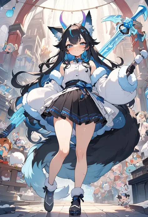 ((8K, ultra mega high resolution, petite boy, hyper cute)), Capricorn and Yuki-onna girlish-boy, Capricorn constellation blizzard, Yuki-onna ice hair, Capricorn goat horn ears and fish tail fin, ice walking stick sword (weapon), bone goat guitar axe (weapo...