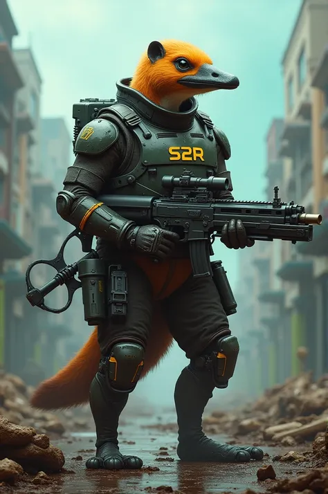 A platypus dressed like a soldier, scifi, post apo, with big gun and constructions tools with S2R writed on his torso