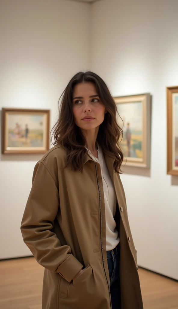 A 37-year-old woman in a chic jacket, standing in front of a minimalist art gallery, looking thoughtful.