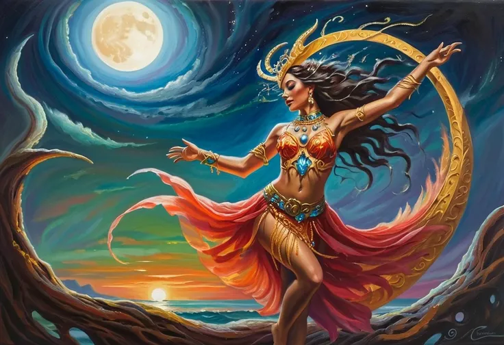 oil painting, fantasy illustration, moon dancer of Eilistraee