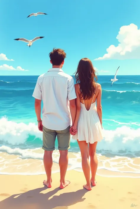 A vibrant illustration of a couple viewed from behind, standing together on a sandy beach under the bright summer sun. They are wearing casual, breezy clothes, such as a white shirt and a light summer dress, with a hint of beachy vibes. The ocean waves gen...