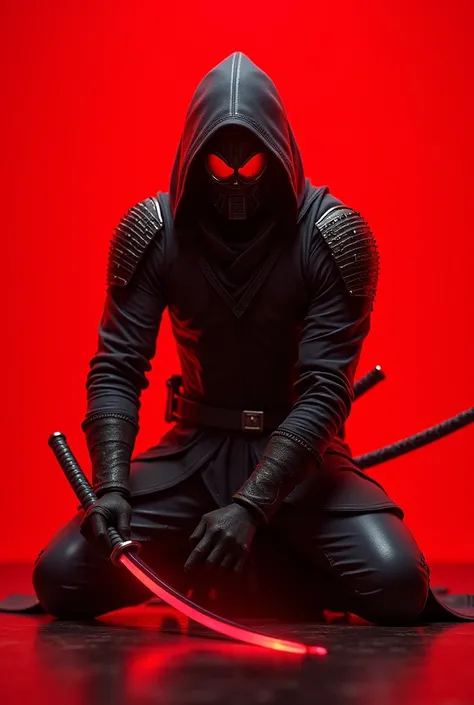 Image is a digital artwork featuring a armored figure kneeling against a vivid red background. The subject is clad in a sleek, black, ninja suit with intricate detailing, including a hood that obscures the face, giving a mysterious appearance. The figures ...