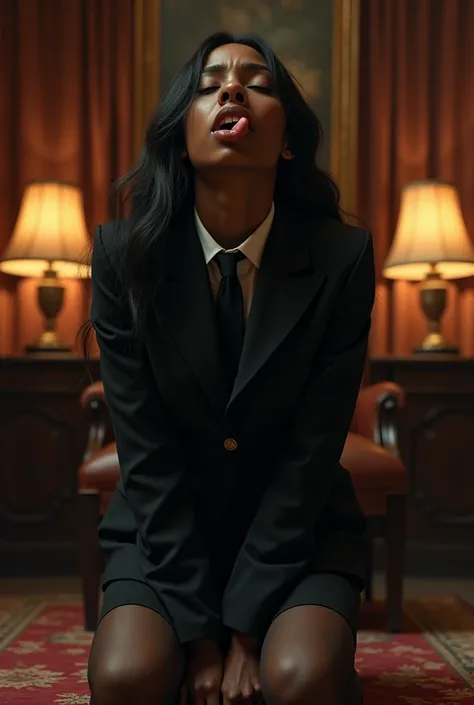  view from above .  view from above . towards the viewer - Scared Black girl , 13 y.THE,  in the office of the bank director ,  on her knees,  in an official black suit without a tie ,  in black stockings . in a seductive sex position . opened her mouth, d...