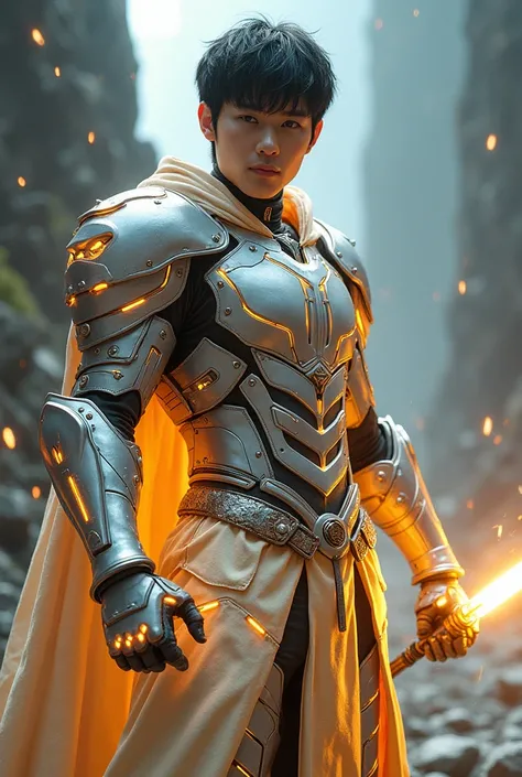 (photorealism:1.2), Handsome Korean man with dark hazel short hair, a tough knight with full combat gear and cybernetic appearance. Stunning standing pose among the rocks. Wearing a complete full glowing cyberpunk silver gold armor with neon on his armor. ...