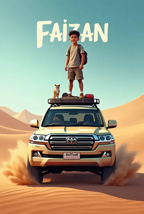 Faizan name wallpaper in which a boy of  is along the roof of land cruiser v8 in desert
