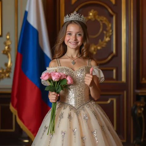 Beautiful girl in a beautiful queens dress with precious stones from Russia,   stands in the royal rooms and holds flowers in one hand, showing her to camera ,  and with his other hand he shows his thumbs up , The Russian flag hangs on the back wall , happ...