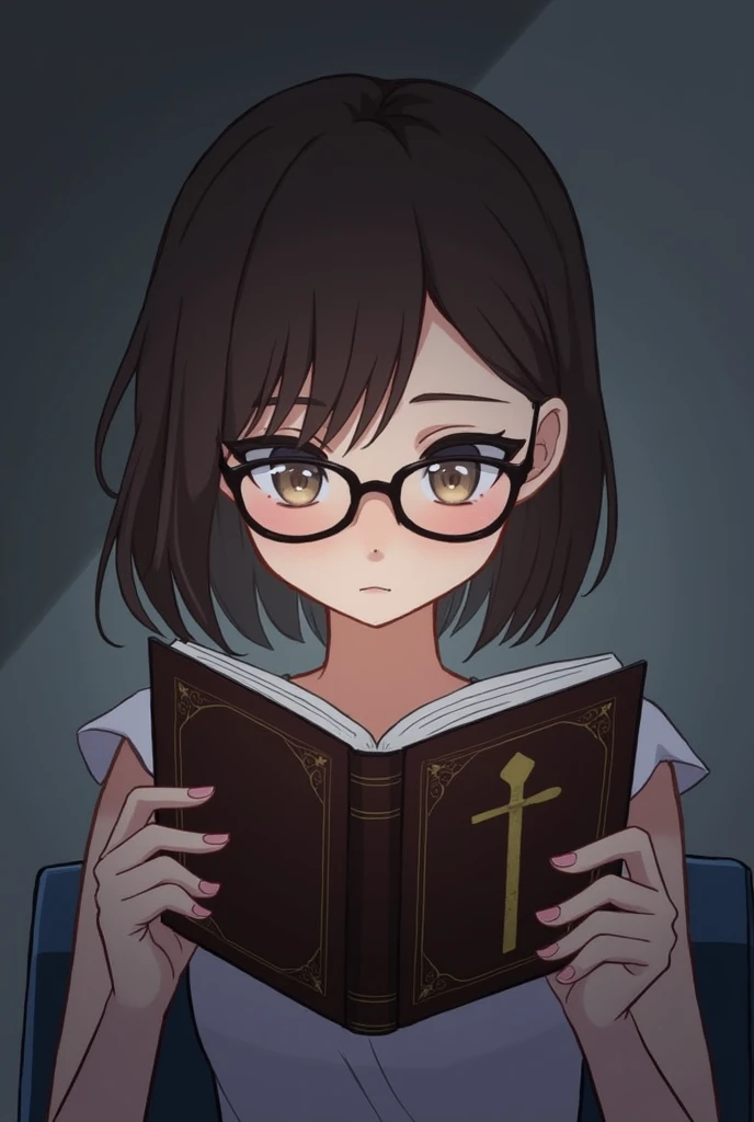 Girl with short shoulder-length brown hair with lenses that look dark and dark and with a book in her hands that has a staff on the cover that she is seeing in front 