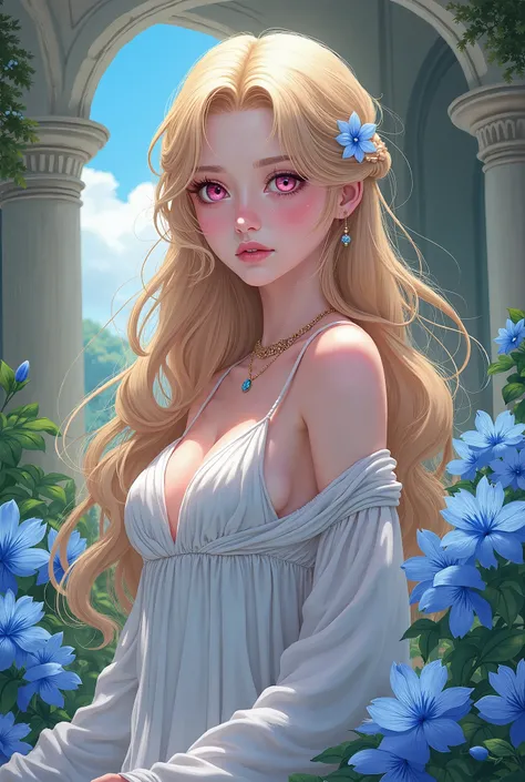 women, blonde hair with pink tips/abodes, by the wide, blue flowers around it, long eyelashes, pink eyes/purples, white dress from ancient Rome, anime style, 8k