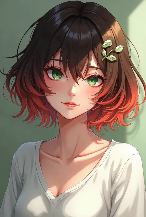 girl with short brown and red hair, left eye green, right eye covered with hair, wearing leaf hair ornaments and a white shirt, 32k