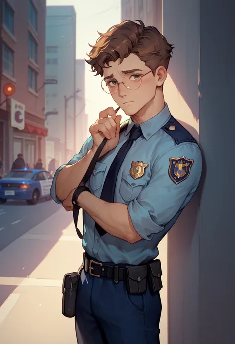 Turn angle 45 degrees, police man, A 25-yr young man, thin, slim, slender, cute, brown hair, round glasses, police officer uniform, shy expression, in the city