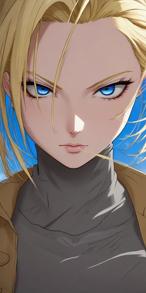 Anime girl with blue eyes and blond hair wearing a blue shirt, Android 18,  detailed digital anime art,  Detailed art of anime character ,  clean and detailed anime art,  stunning anime face portrait ,  manga wallpaper 4k , Anime style 4k , anime rudo 8K, ...