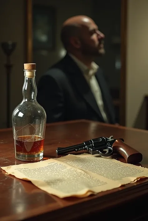  The image must show a wooden table with torn documents ,  an almost empty whiskey bottle and a partially visible pistol. In the background,  include a cracked mirror that reflects a blurred face . The scene must convey secrets and betrayals 