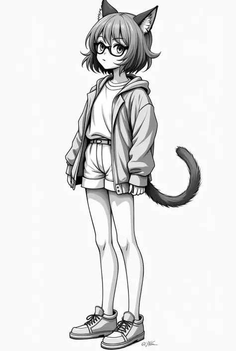 drawing of a girl with glasses and a cat tail, anime sketch, flat anime style shading, rough sketch, clean anime outlines, thick outline, loose pencil sketch, anime shading), pencil and ink manga drawing, anime drawing, anime shading, manga drawing, thick ...