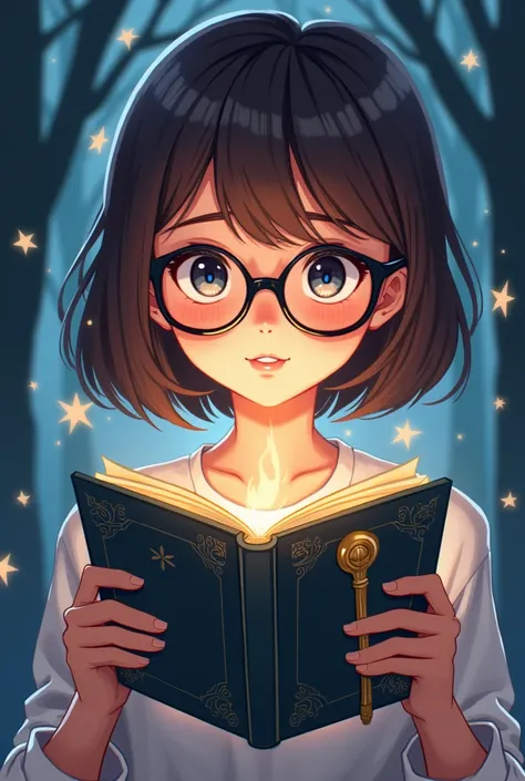 Girl with short hair up to her shoulders in brown color with lenses that look dark and dark and with a book in her hands that has a staff on the cover that she is seeing in the front image of a cartoon 