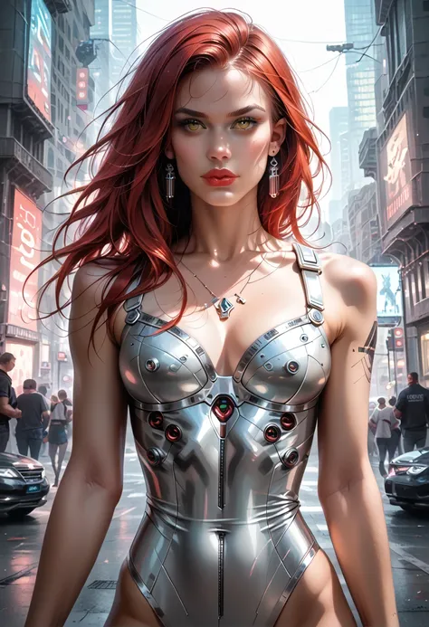 score_9, score_8_up, score_7_up, score_6_up, score_5_up, score_4_up, (super realistic photo:1.6), beautiful digital paint, Beautiful detailed realistic digital art, A highly detailed yellow eyed green android muscular girl and stunning scarlet vampire musc...