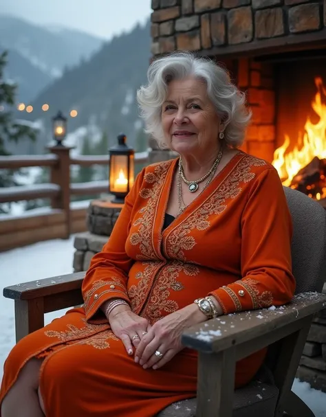 A fashionable an older woman, 80years old, older, 1 plus size model, sexy and hot, silver wavy hair, big boobs, big hips, fashion model, very wrinkled face and body, smile, huge hips ,huge ass, wide hips, wide thigh, huge thigh,  in a bold orange mini-dres...