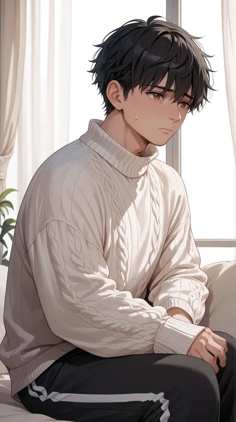 Man, cute, 8k, detailed, anime, long black hair, bangs, pale, white pasty skin, brown shiny eyes, white oversized sweater, black sweatpants, sitting in the dark, light coming in through curtains, sad, withdrawn, hiding in the dark.

Partner hugs him, cuddl...