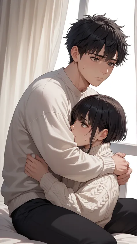 Man, cute, 8k, detailed, anime, long black hair, bangs, pale, white pasty skin, brown shiny eyes, white oversized sweater, black sweatpants, sitting in the dark, light coming in through curtains, sad, withdrawn, hiding in the dark.

Partner hugs him, cuddl...