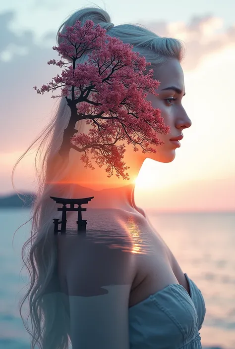 high quality, 8K Ultra HD, A beautiful double exposure that combines an goddess silhouette with sunset coast, sunset coast should serve as the underlying backdrop, with its details incorporated into the goddess , crisp lines, The background is monochrome, ...