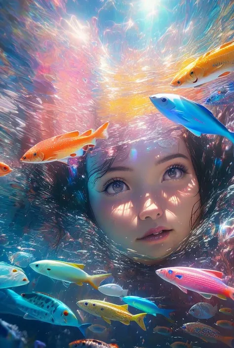 RAW Photos, Realistic, Ultra-realistic, underwater, girl, surprised expression, cat, colorful fish, face close-up, sunlight reflections, water surface, bubbles, serene, peaceful, anime style, vibrant colors, detailed, ethereal, sparkling light, soft shadow...