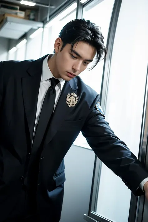 handsome male,solo,muscle,suit,feather coat,dutch angle,low angle,empty Office, Police
