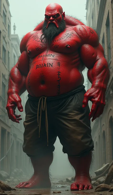 Dajjal features big red body has one eye on his forehead has a pagan inscription, wearing shorts 