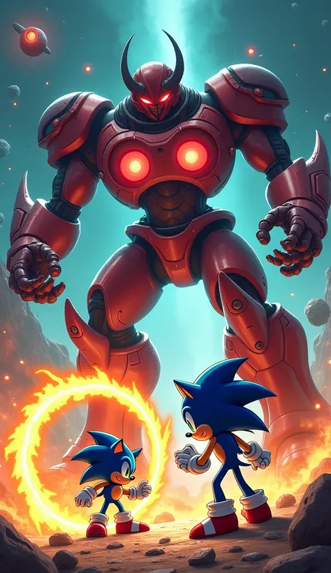 A caricature-style depiction of the final showdown: Sonic and Goku facing a giant alien robot gladiator. Sonic is mid-spin, with his spikes forming a glowing wheel, while Goku prepares a massive Kamehameha wave, his caricatured muscles glowing with power. ...