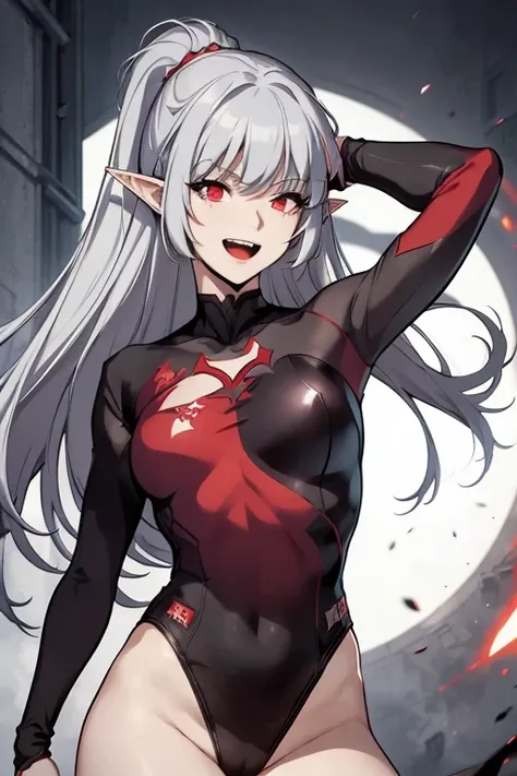 alice,vampire,grey hair, long hair, red eyes, pointy ears, large breasts,1girl, laughing, highlights, gymnast tight leotard, long sleeves