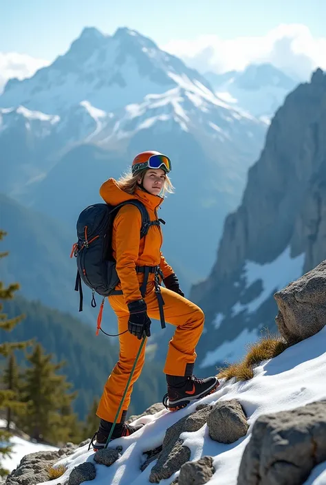  A girl in Alpine gear climbs Mount Elbrus ,  around the peaceful setting  , the view of nature is breathtaking   ,Resolution 16K , 7 :4