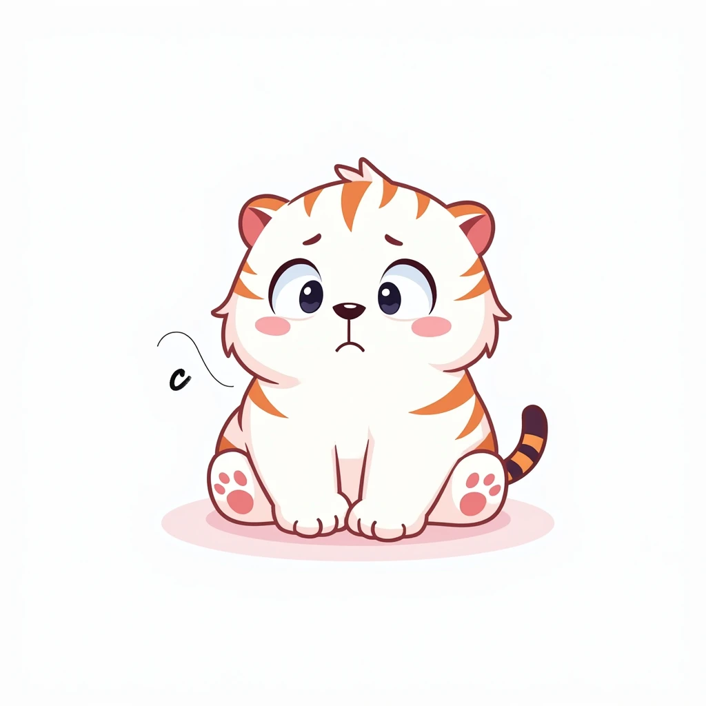 A stylized cartoon tiger cub, seated in a slightly hunched posture, is centrally positioned on a plain white background.  The tiger is depicted with large, expressive eyes, and a slightly worried or sad expression. Its body is plump and rounded, exaggerate...