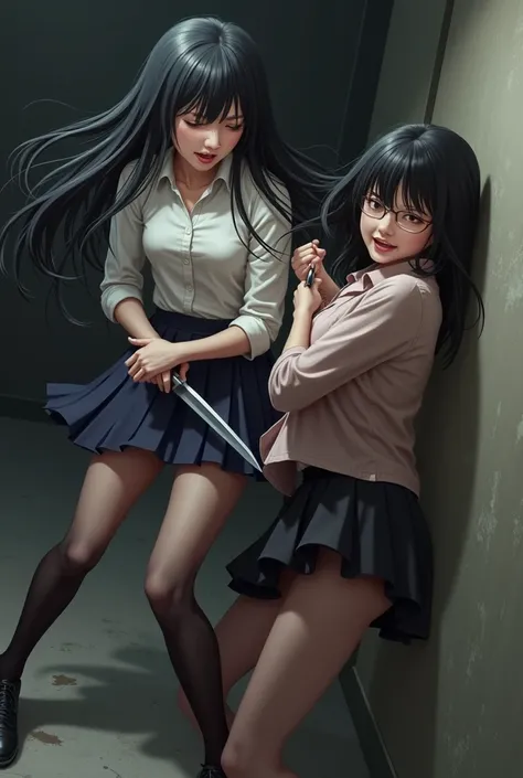  a beautiful Japanese girl with long black hair, attractive thigh ,wearing a low skirt and black stockings, being stabbed from the back by a girl