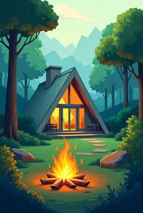 abstract cabin summer campfire, green color