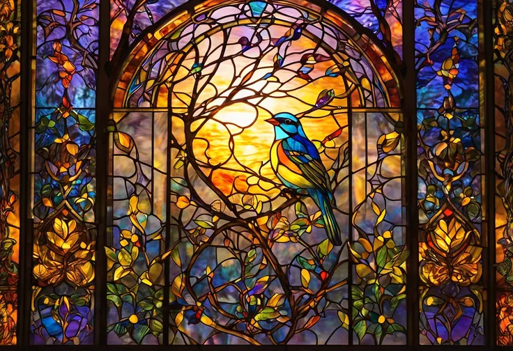 a brightly colored bird sitting on a branch in front of a  Stained Glass  window, maxim verehin  Stained Glass ,  Stained Glass  art, golden twilight  Stained Glass , backlit  Stained Glass ,  Stained Glass , glowing  Stained Glass  backdrop, masterpiece  ...