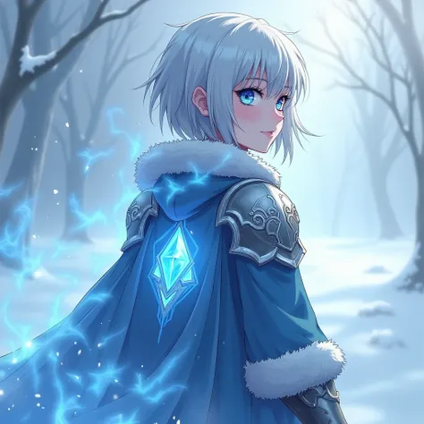 Appearance: Short silver hair with cold blue eyes. A coat with an ice crystal emblem on the back, and armor inspired by blue flames covering their body. A constant aura of frost surrounds them, with mist floating in the air.