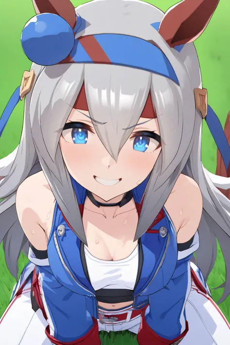 NSFW,masterpiece, top quality , High Definition , very detailed, tamamocross (Uma Musume)、Horse&#39;s ears、 ear covers、 horse tail、Gray Hair、 long hair、 hair bow、 hair between eyes、 blue eyes、 hair ornament、 headband, blue jacket 、White pants、belt、 crop to...