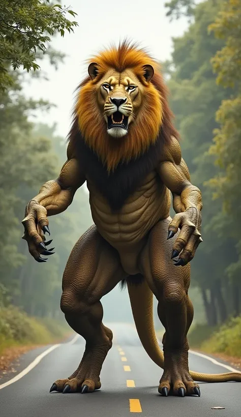 "A striking hybrid creature combining the immense power of a dinosaur and the regal presence of a lion stands on a road. The creature has the muscular body of a lion, with a golden mane that ripples in the wind, but its tail is long and reptilian, covered ...